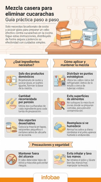Ilustración de una infografía sobre mezcla para cucarachas, con cajas de bicarbonato y azúcar, cuenco, cucharas, iconos de cocina y seguridad, texto explicativo.