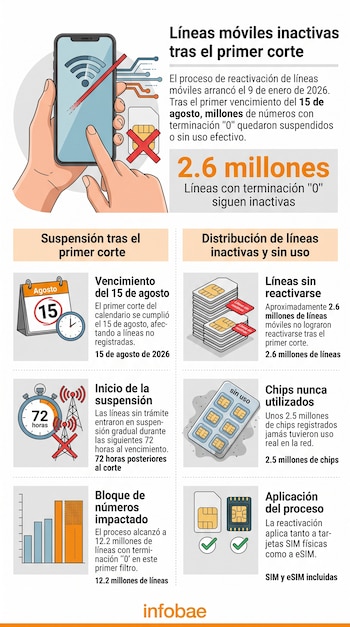 Infografía con dibujos de un teléfono inteligente, tarjetas telefónicas, un calendario del 15 de agosto, antenas de red y un gráfico de barras.