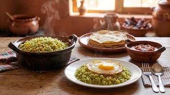 Cazuela de barro y plato con arroz verde, huevo frito, tortillas de maíz, cuenco con salsa roja y cubiertos sobre una mesa de madera.
