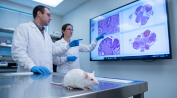 Un ratón de laboratorio blanco sobre una mesa metálica estéril. Dos científicos con batas y guantes azules miran una pantalla con imágenes de tejidos tumorales.