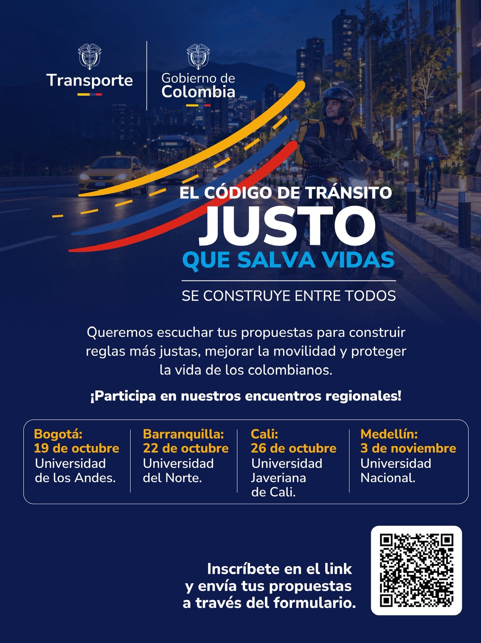 Cuatro universidades situadas en Bogotá, Barranquilla, Cali y Medellín albergarán los encuentros regionales sobre movilidad - crédito @MinTransporteCo/X