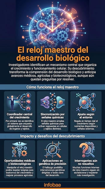 Infografía sobre el reloj maestro biológico. Muestra un reloj abstracto con engranajes, un cerebro, un corazón y pulmones, junto a secciones explicativas y un logo.