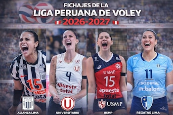 Cuatro jugadoras de voleibol femenino de Alianza Lima, Universitario, USMP y Regatas Lima en sus uniformes, gritando, con el texto 'Fichajes de la Liga Peruana de Vóley 2026-2027'.