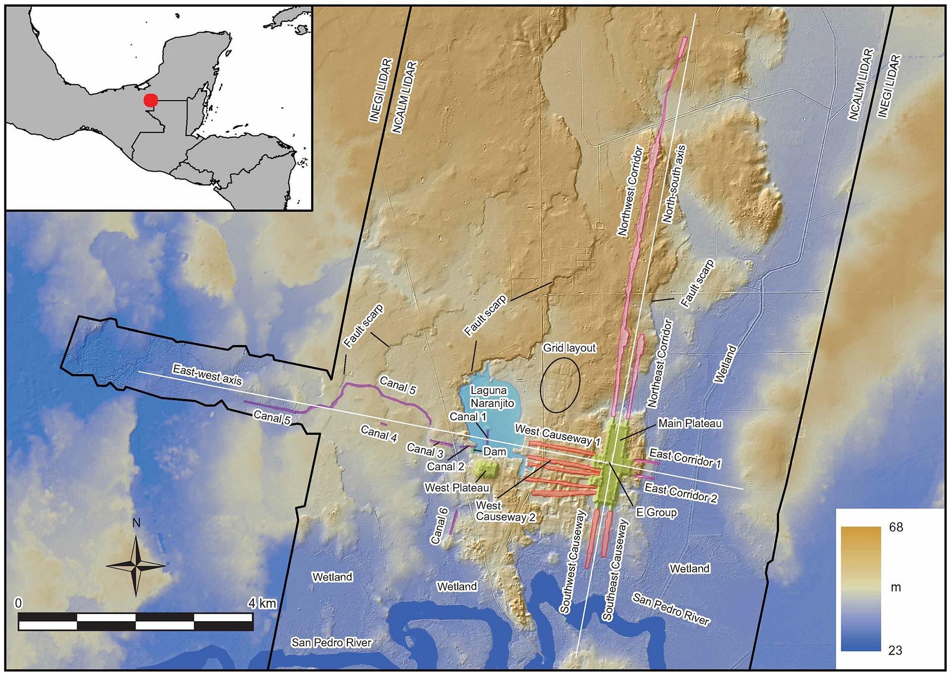 La ubicación de la plataforma de Aguada Fénix en el mapa de México. Tiene 1.400 metros de largo (Revista Science Advances)
