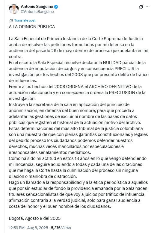 El ministro había afirmado que acudiría a todas las citaciones judiciales hasta la culminación del proceso - crédito @AntonioSanguino/X