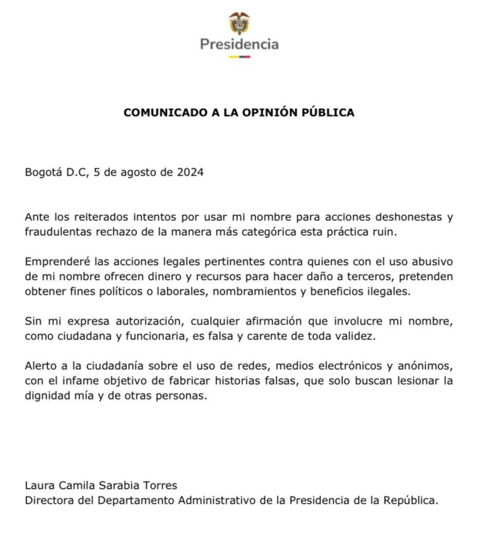Comunicado de Laura Sarabia, directora del Dapre
