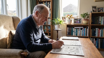 Adulto mayor caucásico, con audífono, sentado en un sillón resolviendo un crucigrama en una mesa de madera, con estanterías y ventanas al fondo.