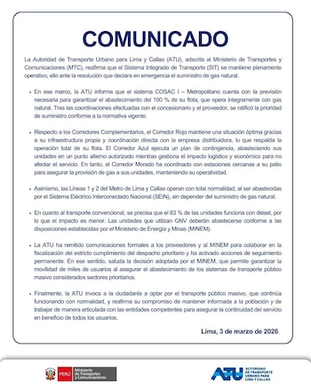 La autoridad de movilidad urbana confirma la provisión de combustible para el Metropolitano y corredores, y destaca el respaldo logístico que permite la continuidad en las rutas principales de la capital peruana