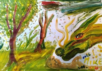 Pintura en acuarela con la cabeza de un dragón verde a la derecha, árboles y follaje en el lado izquierdo. Al fondo, un cielo abstracto y el texto Mike 2016