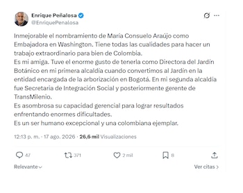 Enrique Peñalosa sobre llegada de María José Araújo a embajada en EE. UU.