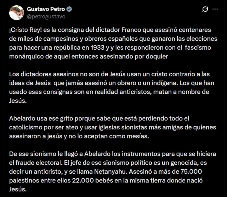Gustavo Petro dirigió sus señalamientos contra Abelardo de la Espriella en el plano religioso - crédito @petrogustavo/X