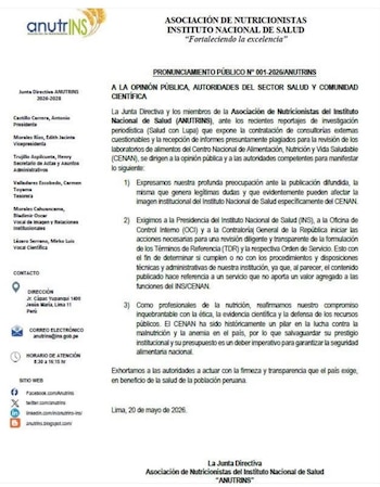 Documento oficial de la Asociación de Nutricionistas del Instituto Nacional de Salud (ANUTRINS) con su logo, texto del pronunciamiento y datos de contacto