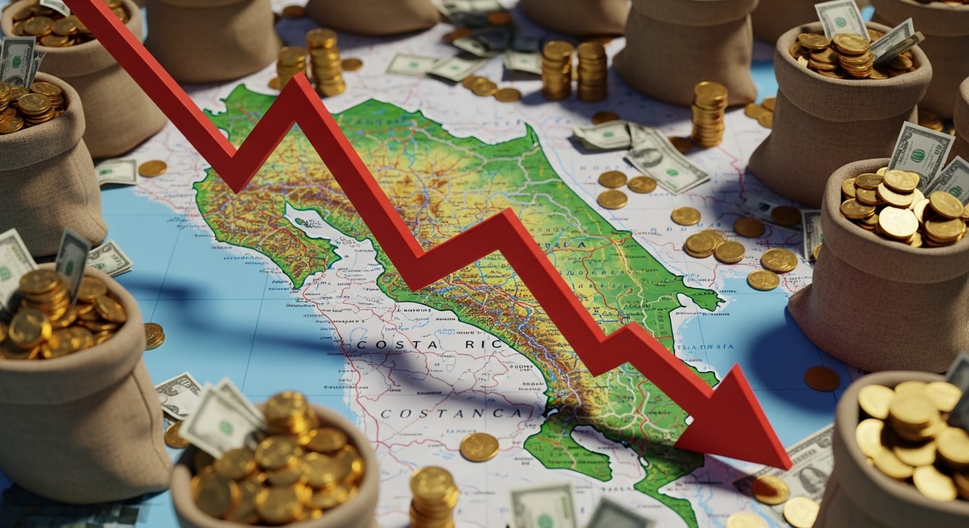 Un mapa de Costa Rica con bolsas de dinero y una flecha roja hacia abajo ilustra la preocupación por la disminución económica del país. (Imagen Ilustrativa Infobae)