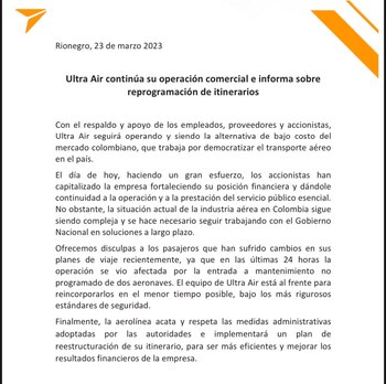 Comunicado de Ultra Air donde