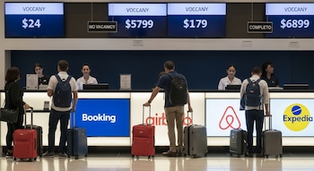 Lobby de hotel moderno con mostrador de recepción y empleados. Varios viajeros de espaldas con maletas rojas, azules y grises. Pantallas muestran "no vacancy" y precios en dólares. Logos de Booking, Airbnb y Expedia visibles.