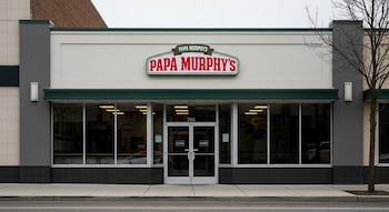 Fachada de un local de Papa Murphy's con el logo visible. Las puertas de vidrio tienen carteles de cerrado y las luces interiores están apagadas. Hay una vereda y una calle.