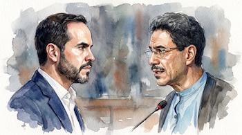 Ilustración acuarela de Abelardo de la Espriella con barba y traje, e Iván Cepeda con gafas y un micrófono al frente, mirándose de perfil.