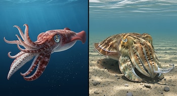 Imagen dividida mostrando un calamar de tonos rojizos nadando en agua azul oscura a la izquierda y una sepia camuflada sobre arena clara con rocas a la derecha.