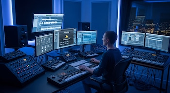 Un hombre trabaja en un estudio de música digital con seis monitores, cuatro teclados, varios sintetizadores y equipos de audio, y un ventanal con vistas nocturnas.