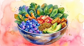 Un tazón pintado en acuarela contiene arándanos, láminas de aguacate, lentejas, tempeh, cúrcuma y hojas verdes.