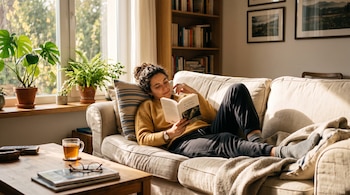 Mujer con suéter amarillo lee un libro recostada en un sofá junto a una ventana con plantas y una mesa de centro.