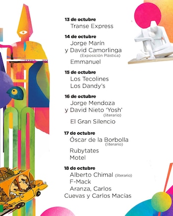 Cartel con un listado de eventos del 13 al 18 de octubre rodeado por ilustraciones abstractas coloridas y una escultura blanca