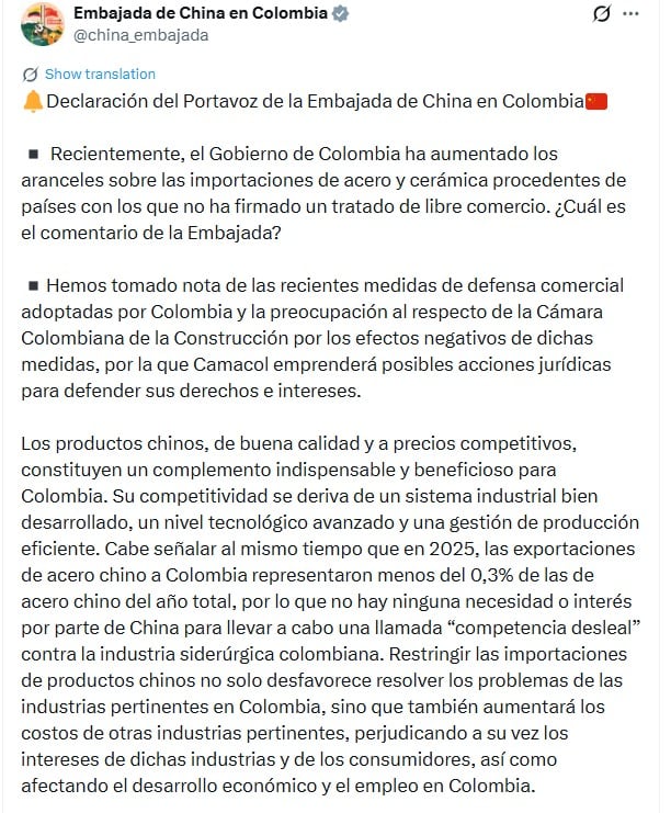 La misión señaló que los bienes exportados se destacan por tecnología avanzada y eficiencia industrial, desestimando prácticas irregulares o competencia desleal en el mercado colombiano - crédito captura de pantalla @china_embajada / X
