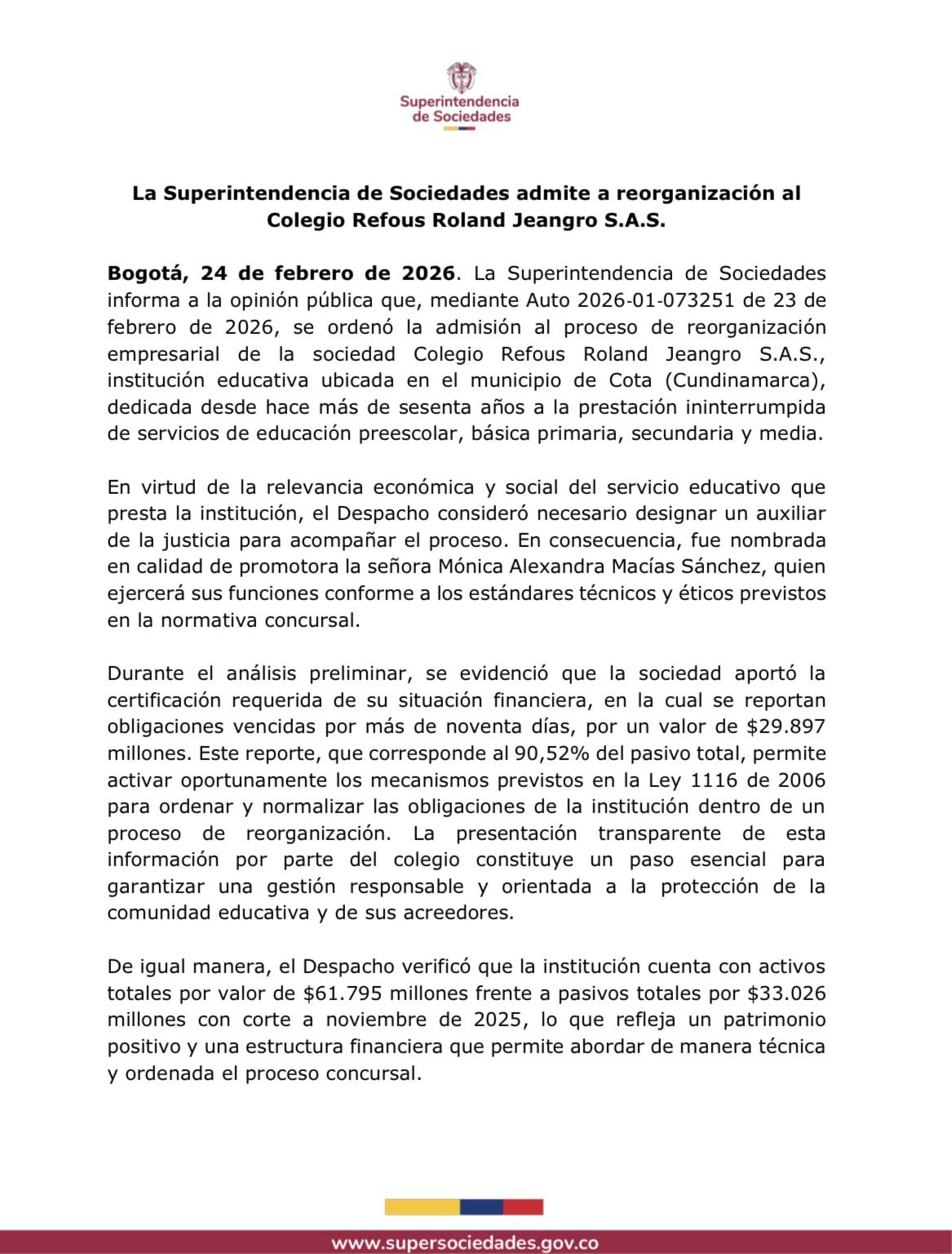 Comunicado oficial de la Superintendencia de Sociedades en el que se confirma la admisión del Colegio Refous Roland Jeangro S.A.S - crédito Supersociedades/X