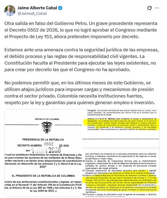 Jaime Cabal, presidente de Fenalco, dice que la expedición del Decreto 0552 es otra salida en falso del Gobierno Petro - crédito @JaimeA_Cabal/X