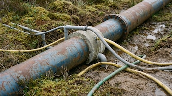 Primer plano de una conexión ilegal con varias mangueras grises y amarillas unidas a una gran tubería de agua azul oxidada en un terreno fangoso con vegetación.