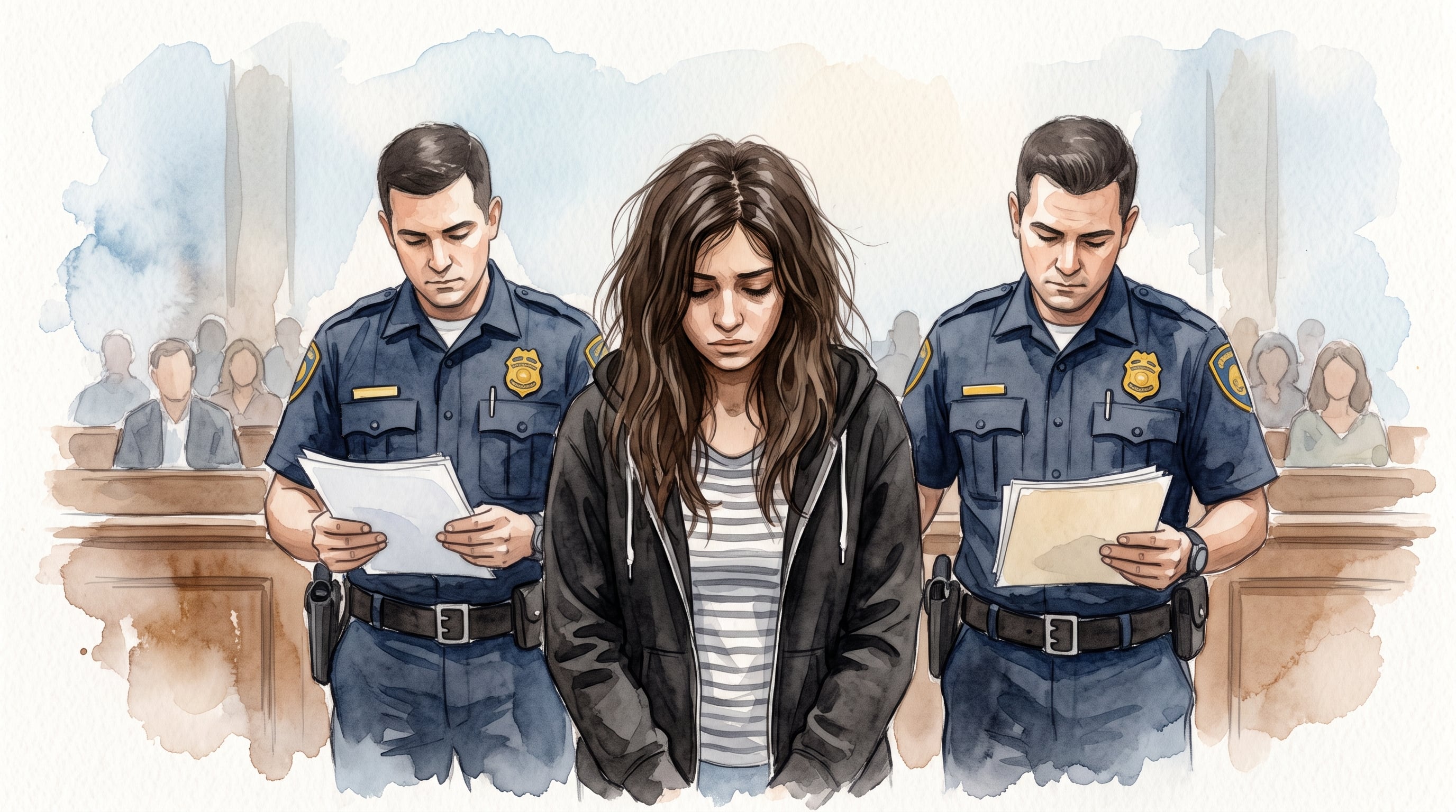 Una joven migrante permanece de pie en una sala de tribunal junto a dos oficiales de policía que revisan documentos. (Imagen Ilustrativa Infobae)