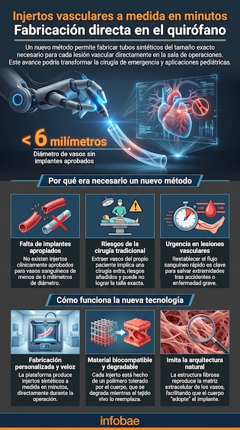 Mano robótica fabricando injerto vascular. Infografía muestra corazón, texto "<6 milímetros", problemas de cirugía y funcionamiento de nueva tecnología.