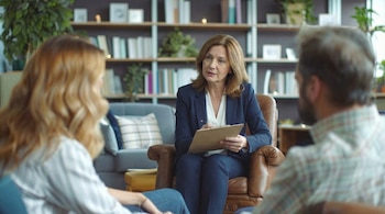 Una terapeuta sentada con un portapapeles, frente a un hombre y una mujer de espaldas, en una oficina con estanterías llenas de libros y plantas.