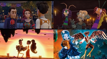 Un mosaico de cuatro recuadros contiene personajes de animación digital y estilo stop motion en distintos escenarios.