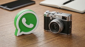 Un logo 3D de WhatsApp verde a la izquierda y una cámara digital plateada y negra a la derecha, ambos sobre una mesa de madera.