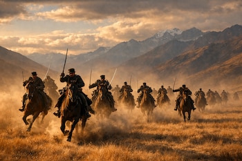 Múltiples soldados a caballo con uniformes antiguos y sables en una carga militar, levantando polvo en un campo dorado con montañas y cielo nublado al fondo.