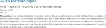 El Instituto Meteorológico Nacional advierte sobre el ambiente inestable y el riesgo de lluvias variables en Costa Rica por el paso de la onda tropical número 21 (Cortesía: IMN).