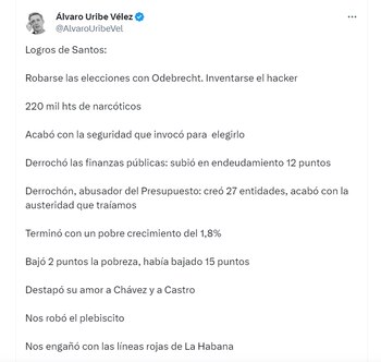 Álvaro Uribe expone logros negativos