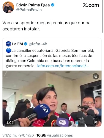 El ministro de Minas y Energía de Colombia cuestiona la voluntad política de Ecuador para instalar espacios de diálogo técnico - crédito @PalmaEdwin/X