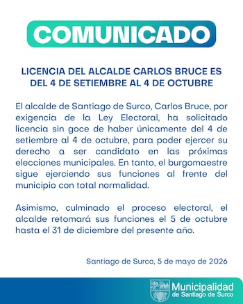 Un comunicado oficial de la Municipalidad de Santiago de Surco con texto azul sobre fondo blanco y un encabezado verde que dice 'COMUNICADO'