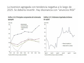 Dos gráficos de líneas muestran la evolución de componentes de la demanda agregada y volúmenes importados de bienes de capital desde 2023 hasta 2026