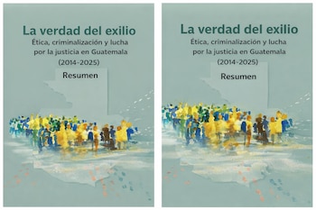 Dos portadas idénticas de informe sobre "La verdad del exilio" en Guatemala, con título, subtítulo (2014-2025), resumen, mapa, figuras humanas estilizadas y huellas.