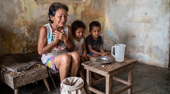 Una mujer mayor y dos niños lloran en una habitación junto a una mesa pequeña con un plato metálico vacío y una jarra de agua.