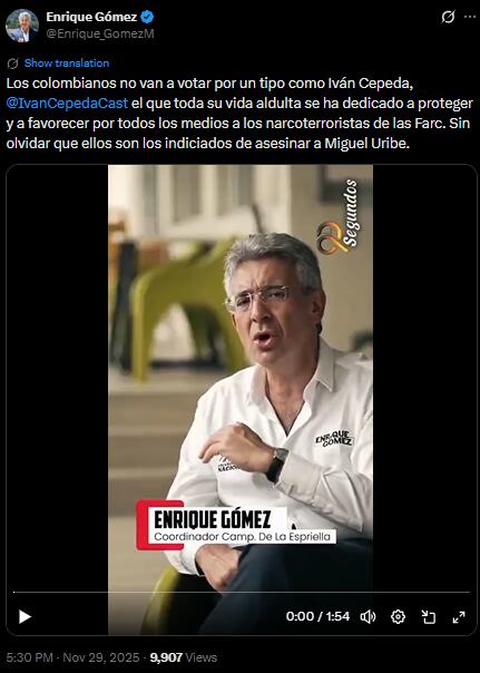Enrique Gómez criticó a Iván Cepeda por medio de su cuenta en X - crédito @Enrique_GomezM
