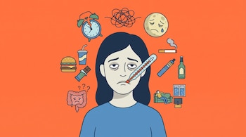 Mujer con termómetro. Despertador roto, hilos enredados, luna triste, cigarrillo, vapeador, botella de alcohol, persona en sofá, hamburguesa, refresco, chocolate, intestino.