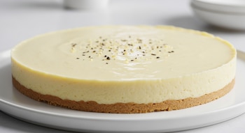 Una tarta redonda de vainilla sobre un plato blanco con una capa superior lisa y decorada con grageas oscuras y claras en el centro.