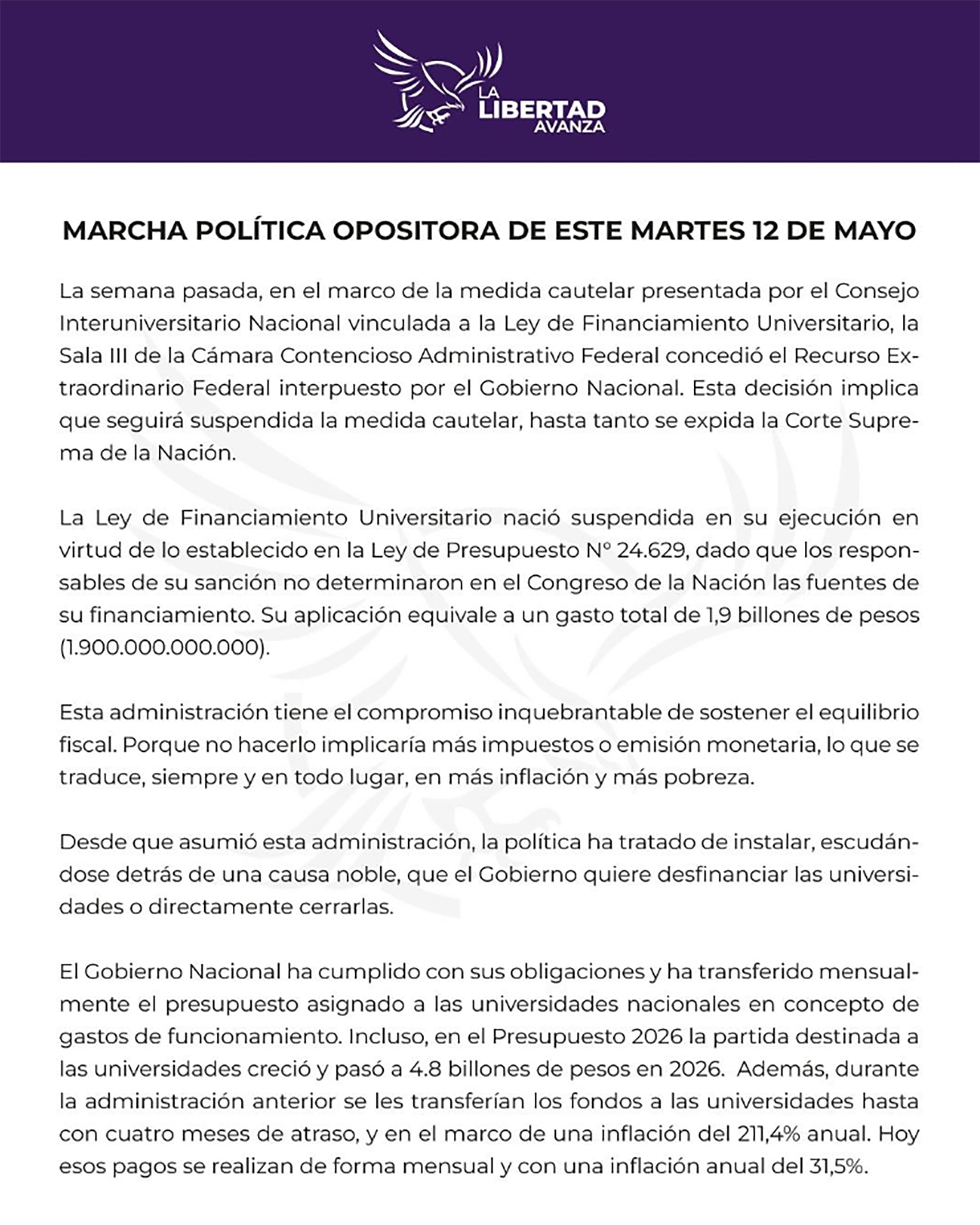 El comunicado de LLA a horas de la Marcha Federal Universitaria.