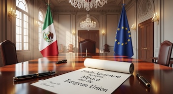 Primer plano de un documento "Trade Agreement between Mexico and the European Union" sobre una mesa de madera. Al fondo, banderas de México y la Unión Europea.