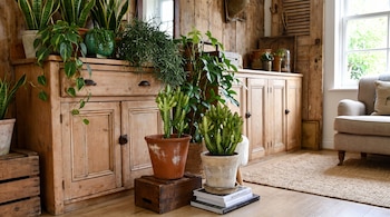 Un mueble de madera con plantas en macetas de barro, un sillón beige, una alfombra de fibra y libros apilados en el suelo.
