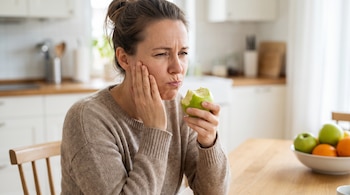 Una mujer sostiene una manzana verde mordida y se toca la mejilla con gesto de dolor junto a una mesa con frutas.
